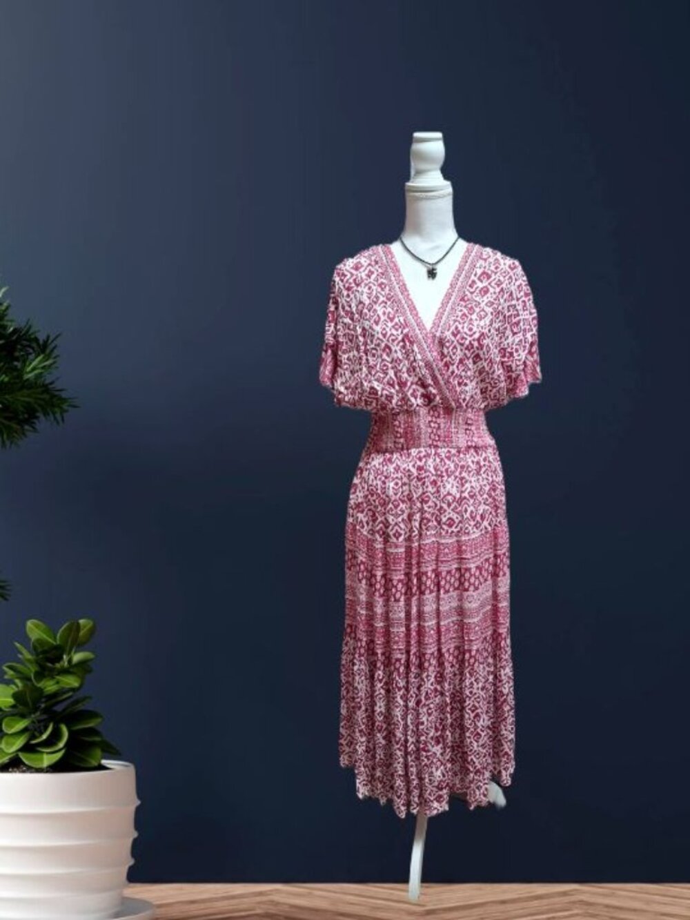 J Gee Pink And White Patterned Smocked Waist Midi Dress